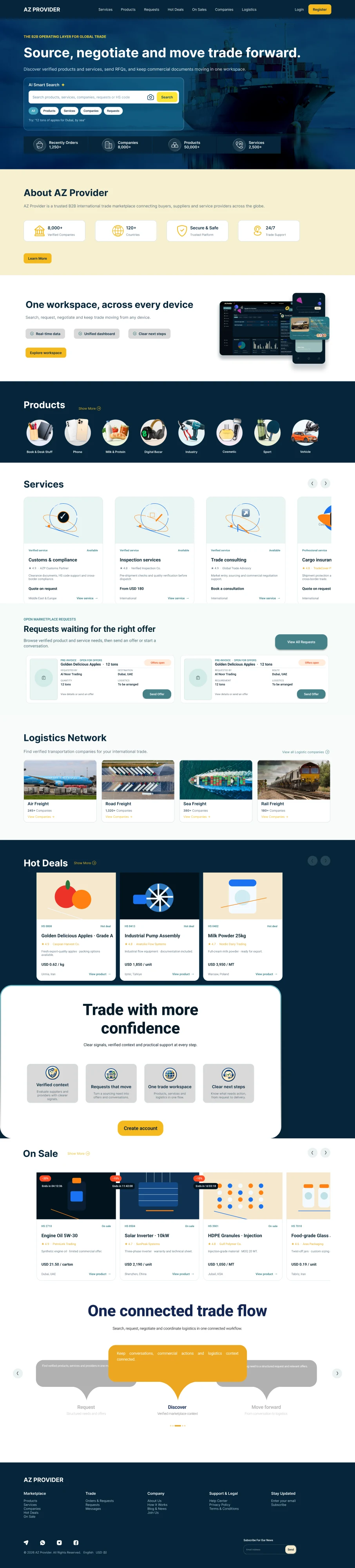 AZ Provider homepage design with trade search, company introduction and marketplace sections