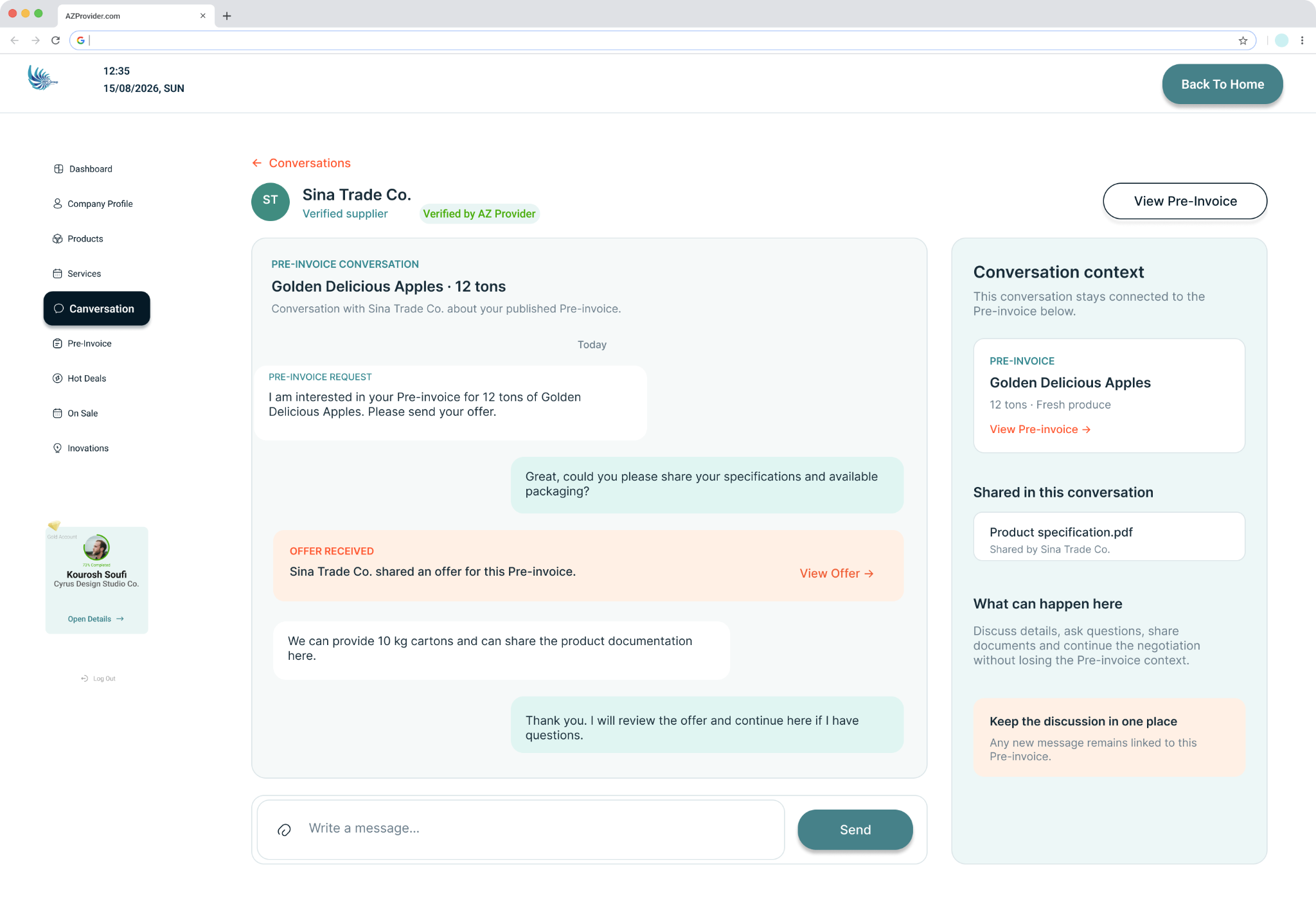 Conversation started from a Pre-invoice
