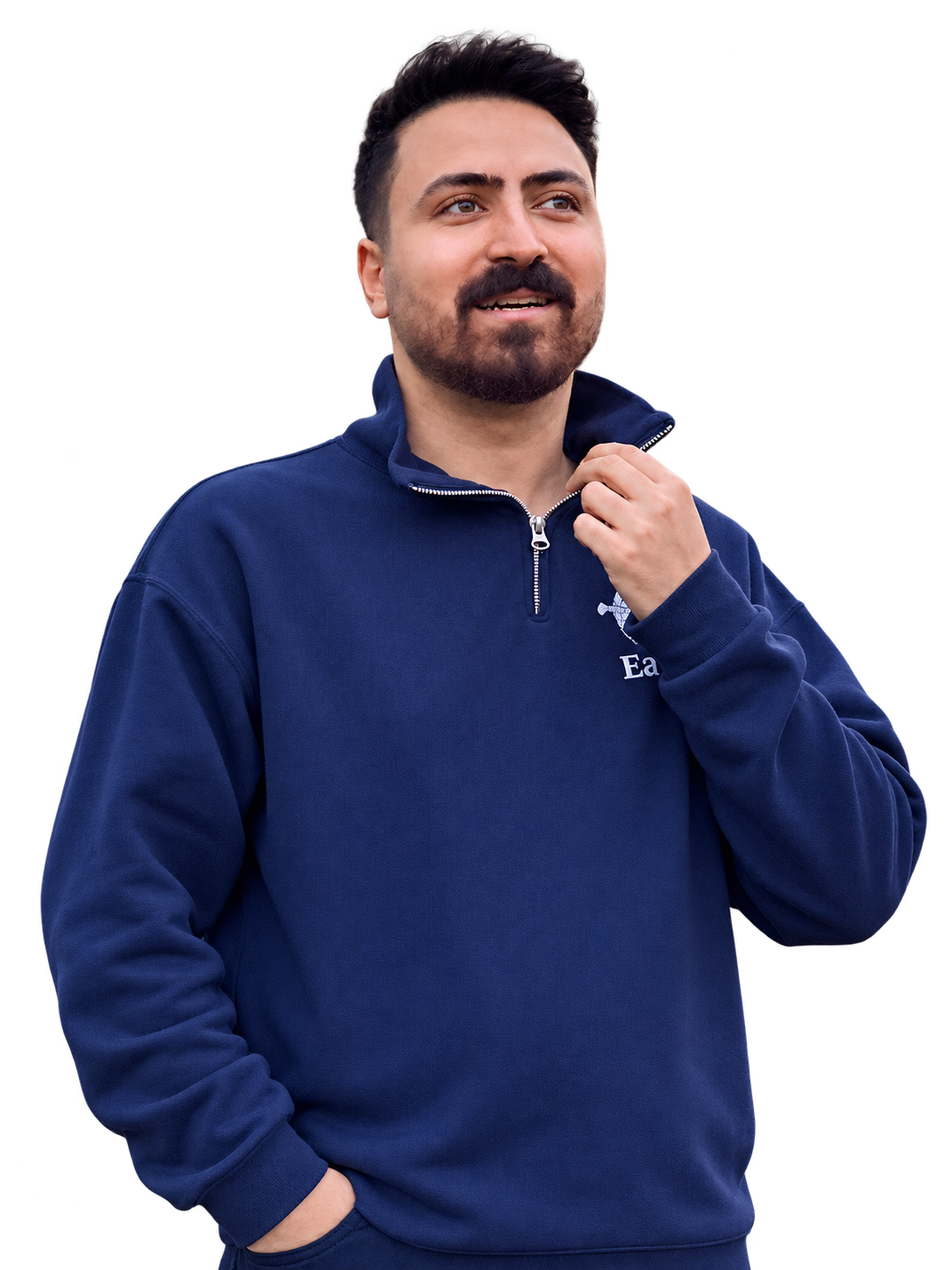 Mohi Eliyasi, looking ahead with one hand at his collar